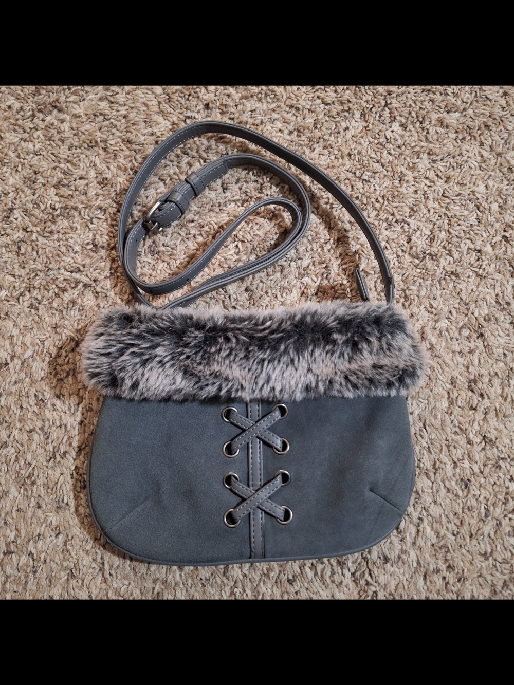 Sporto Y2K Grey Suede & Faux Fur Lace-Up Crossbody Bag